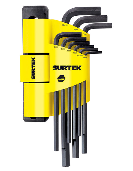 Juego de 9 llaves hexagonales "L" métricas en rack Surtek