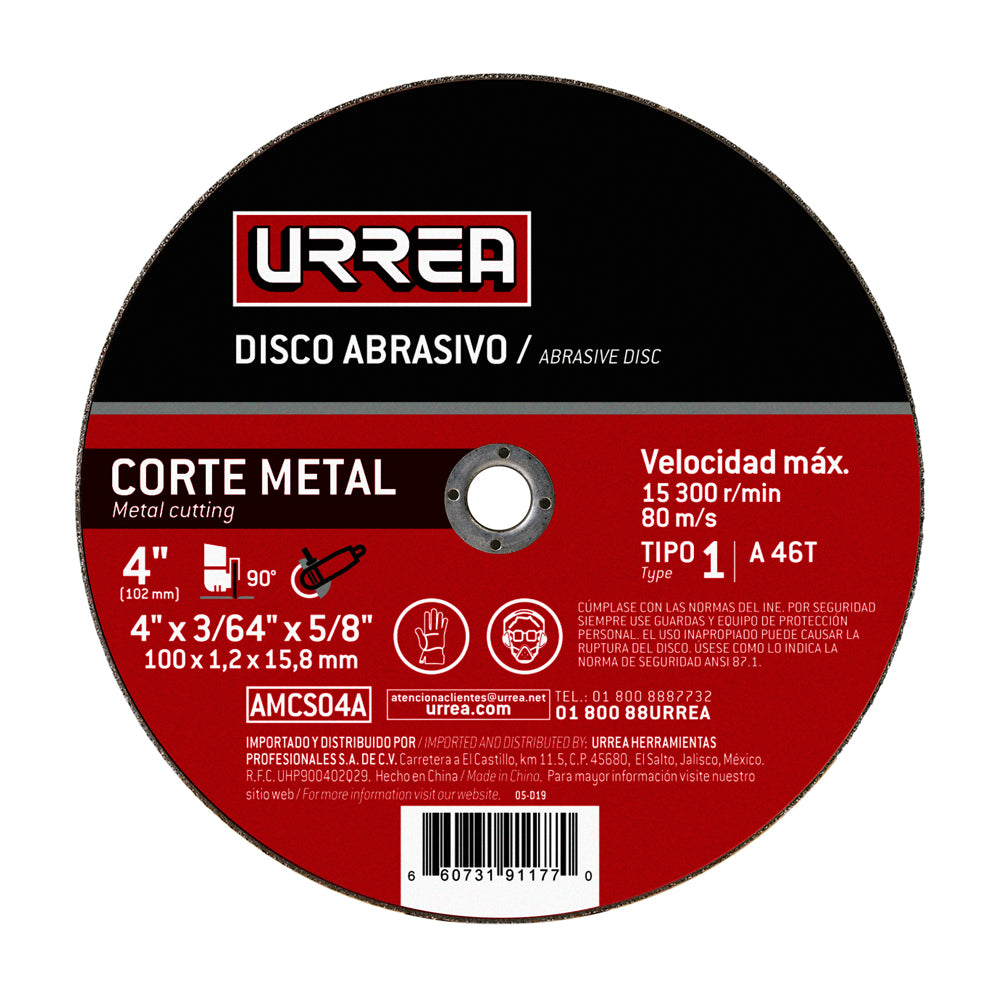Disco abrasivo 4", 4000 rpm- 15 300 rpm tipo: 1 Urrea.
