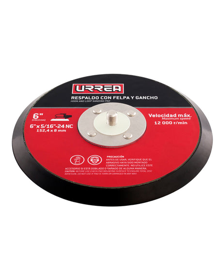 Urrea Respaldo para lijadora UP890A de 6" de diámetro, rosca de 5/16"-24, con cara adhesión por gancho y felpa (hook & loop), velocidad máxima de 12000 rpm.