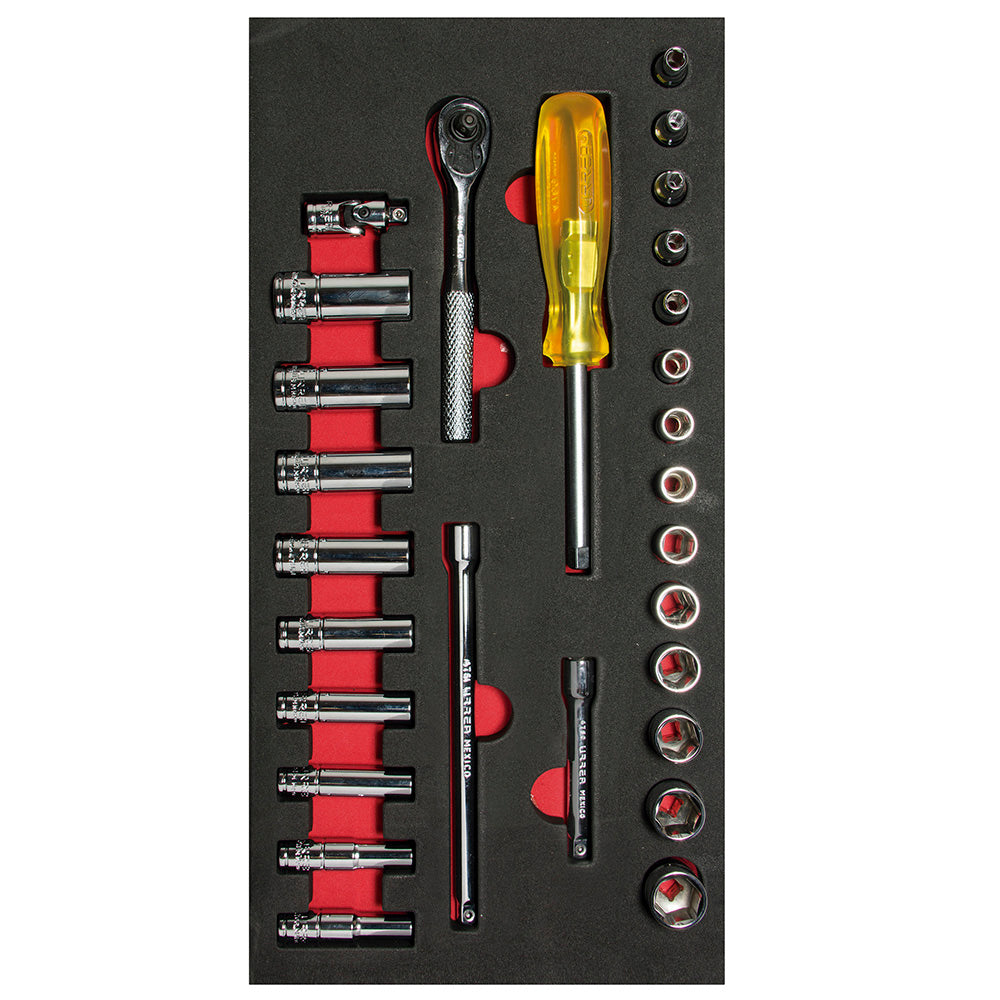Juego dados y acc 1/4" Métricos cortos & largos 28 pzs Urrea