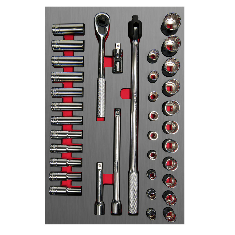 Jgo de dados y accesorios 37 pzas 1/2" módulo laminado Urrea.