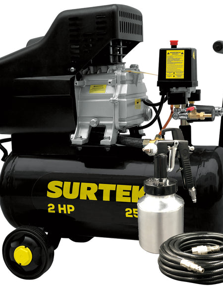 Kit de compresor de aire horizontal con capacidad del tanque de 25 L, presión máxima de trabajo de 115 psi, caudal máximo de 224 L/min, voltaje de 120 V, frecuencia de 60 Hz y potencia de 2 HP Surtek