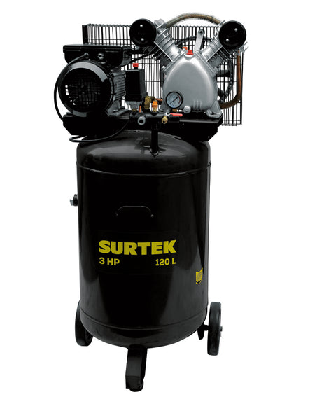 Compresor de aire vertical con capacidad del tanque de 120 L, presión máxima de trabajo de 115 psi, caudal máximo de 335 L/min, voltaje de 120 V, frecuencia de 60 Hz y potencia de 3 HP Surtek