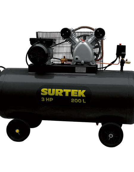 Compresor de aire horizontal con capacidad del tanque de 200 L, presión máxima de trabajo de 115 psi, caudal máximo de 335 L/min, voltaje de 120 V, frecuencia de 60 Hz y potencia de 3 HP Surtek