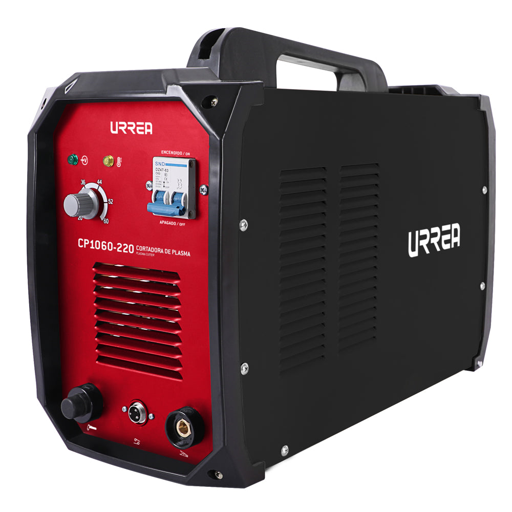Cortadora de plasma URREA de 220 V con potencia de 10.5 kVA, corriente de 20 - 60 A, y capacidad de corte máxima de 20 mm para metal, acero dulce, acero inoxidable, aluminio, latón y cobre. Urrea