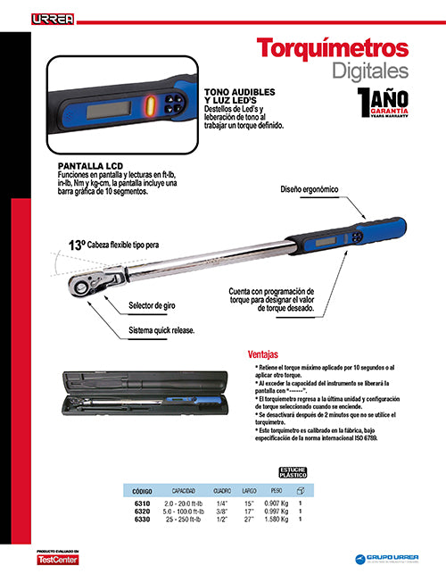 Torquímetro digital 1/2" 25-250 ft-lb Urrea