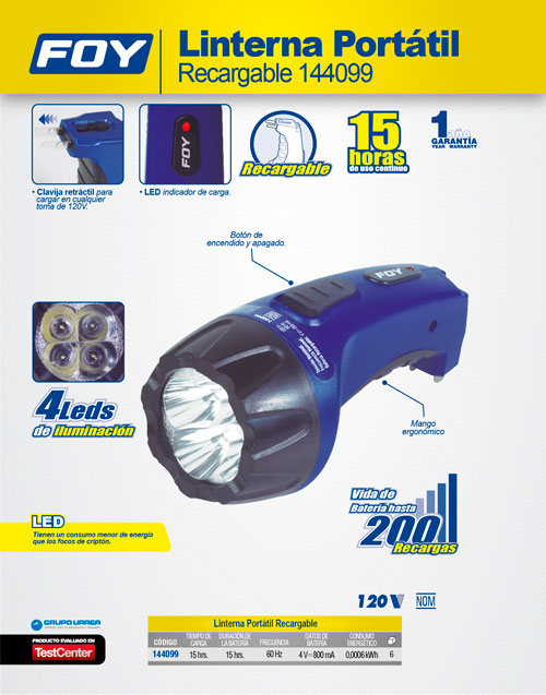 Linterna recargable de plástico 4 LED ergonómica Foy