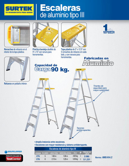 Escalera de aluminio tipo tijera, 6 peldaños, 2.13mt Surtek