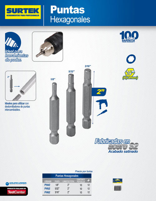 Punta hexagonal 1/8"x2" 10 piezas Surtek
