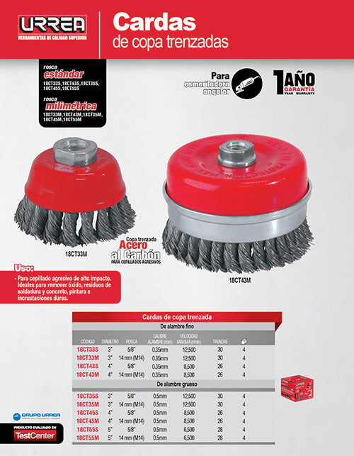 Carda copa trenzada 3"x0.50 r5/8-11 Urrea