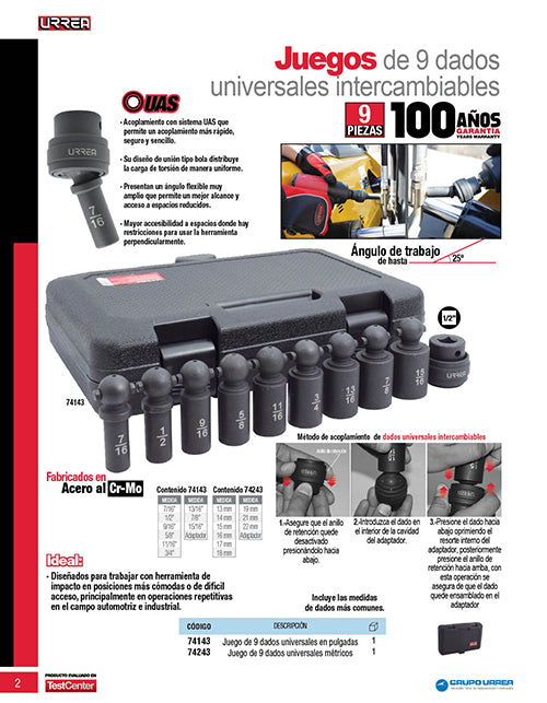 Jgo 9 dados universales intercambiables pulgadas 1/2" Urrea