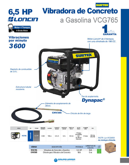 Surtek Vibrador de concreto a gasolina con motor Loncin de 6.5 HP de fuerza, encastre Dynapac de 38 mm