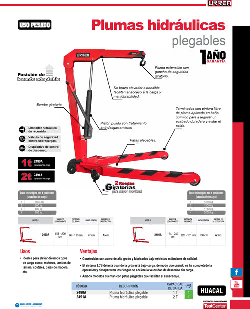 Pluma hidraulica plegable 2 toneladas Urrea