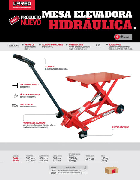 Mesa elevadora hidráulica de 2500 kg Urrea.