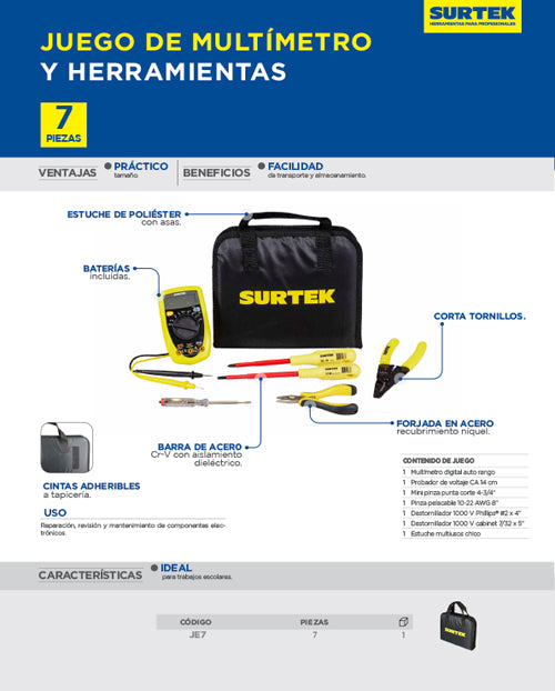 Juego de multímetro básico y herramientas 7 pz Surtek