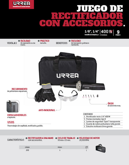 Juego de rectificador recto con accesorios 9 pz Urrea