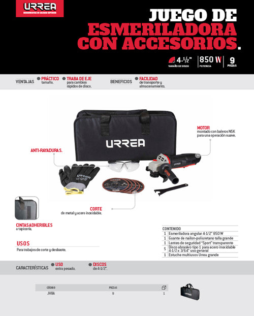 Juego de esmeriladora angular con accesorios 9 pz Urrea