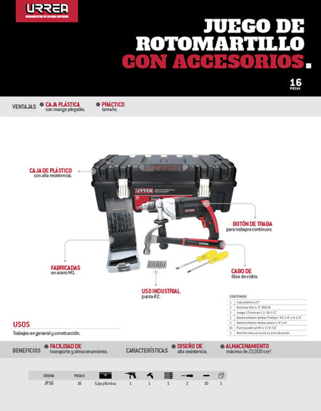 Juego de rotomartillo con accesorios 16 pz Urrea