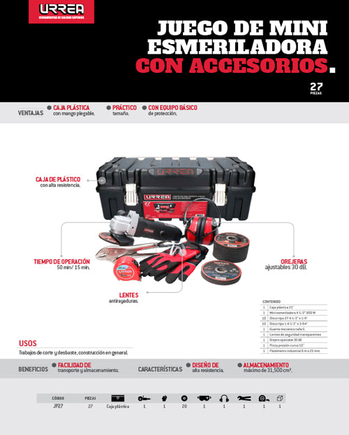 Juego de mini esmeriladora con accesorios 27 pz Urrea