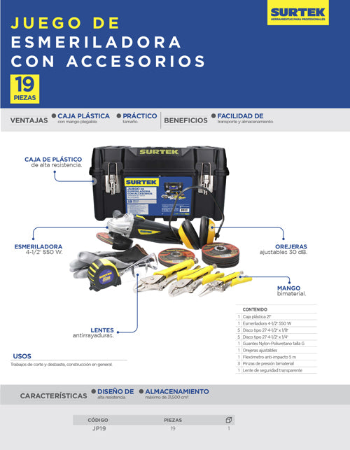 Juego De Mini Esmeriladora con Accesorios 19pz Surtek