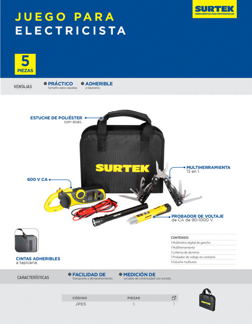 Juego De Multímetro Uso Automotriz Con Herramientas Para Electricista 5pz Surtek