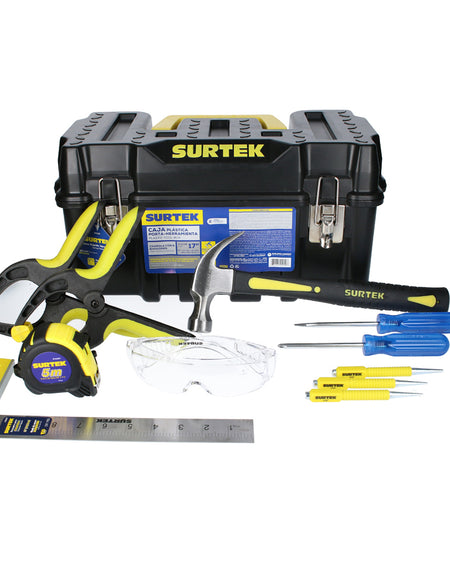 416F - Martillo uña curva 16oz FV - 1pz. D345 - Dest azul phill #2x4 - 1pz. D304 - Dest azul plana redon 1/4x4 - 1pz. 122253 - Escuadra de carpintero 12" - 1pz. 117230 - Jgo 3 embutidores - 1pz. B122064 - Flexómetro soft grip 5m - 1pz. PR300 - Prensa rápida t/resorte 8 - 2pz 137323 - Lentes seguridad transparente - 1pz. CPS17 - Caja plástica 17x9x8" - 1pz.