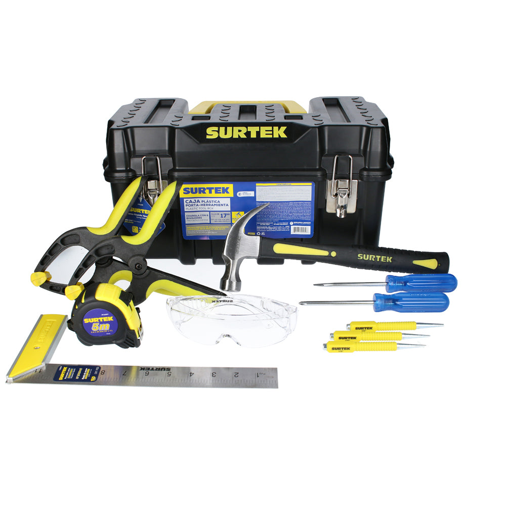 416F - Martillo uña curva 16oz FV - 1pz. D345 - Dest azul phill #2x4 - 1pz. D304 - Dest azul plana redon 1/4x4 - 1pz. 122253 - Escuadra de carpintero 12" - 1pz. 117230 - Jgo 3 embutidores - 1pz. B122064 - Flexómetro soft grip 5m - 1pz. PR300 - Prensa rápida t/resorte 8 - 2pz 137323 - Lentes seguridad transparente - 1pz. CPS17 - Caja plástica 17x9x8" - 1pz.