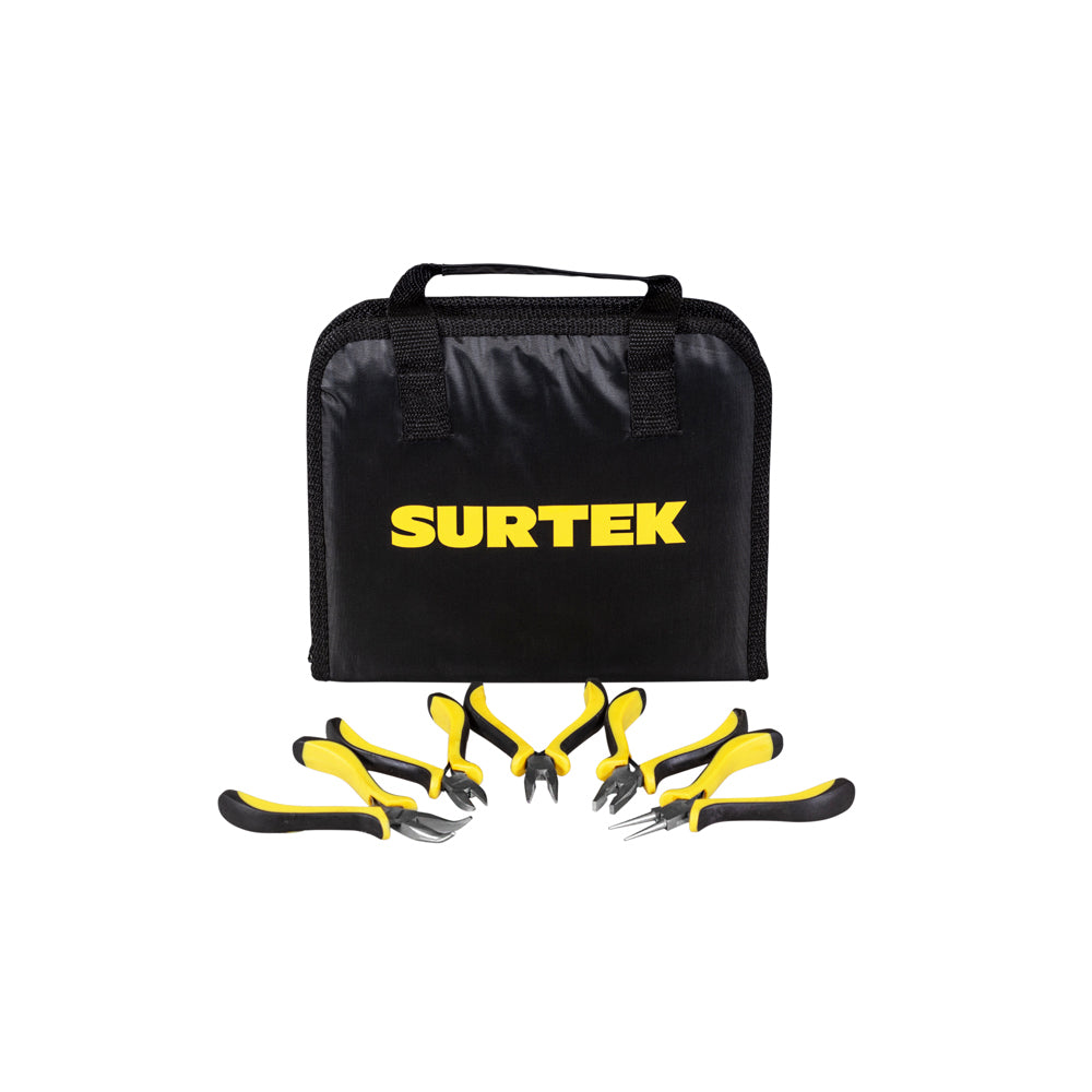 Mini pinza punta corte 4-3/4" - 1pz. Mini pinza electricista 4-1/2" - 1pz. Mini pinza punta curva 4-3/4" - 1pz. Mini pinza corte diag 4-5/16" - 1pz. Mini pinza punta redon 4-3/4" - 1pz. Estuche Multiusos STK CH - 1pz.