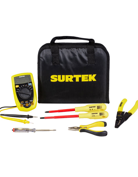 Multímetro digital auto rango - 1pz. Probador voltaje CA 14cm prof - 1pz. Mini pinza punta corte 4-3/4" - 1pz. Pinza pelacables 10-22AWG 8" - 1pz. Dest 1000V phillips#2x4" - 1pz. Dest 1000V cabinet 7/32x5" - 1pz. Estuche Multiusos STK CH - 1pz.