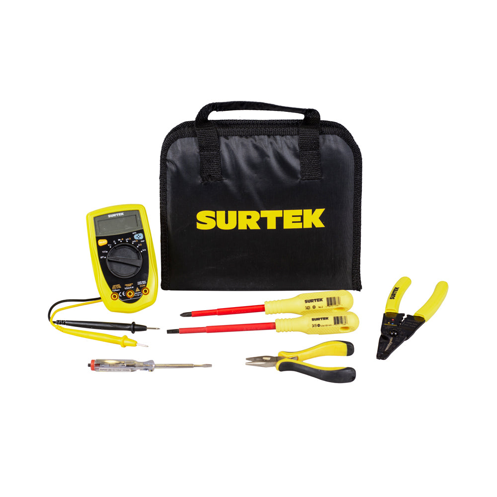Multímetro digital auto rango - 1pz. Probador voltaje CA 14cm prof - 1pz. Mini pinza punta corte 4-3/4" - 1pz. Pinza pelacables 10-22AWG 8" - 1pz. Dest 1000V phillips#2x4" - 1pz. Dest 1000V cabinet 7/32x5" - 1pz. Estuche Multiusos STK CH - 1pz.