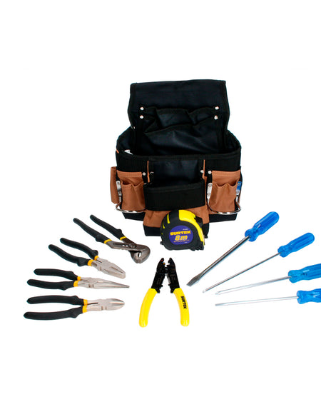 124189 Porta herramientas tela 13comp 1pz. D351 Destornillador azul phill #2x6 1pz. D334 Destornillador azul cabinet 3/16x6 1pz. D308 Destornillador azul plana redon 3/8x8 1pz. D344 Destornillador azul phill #1x8 1pz. 968 Pinza corte lateral 8" 1pz. PLC9 Pinza pelacable 10-24AWG 9" 1pz. 929 Pinza punta larga 8" 1pz. 940 Pinza extensión 10" 10pos 1pz. 947 Pinza corte diagonal 7" 1pz. B122064 Flexómetro soft grip 5m 1pz.