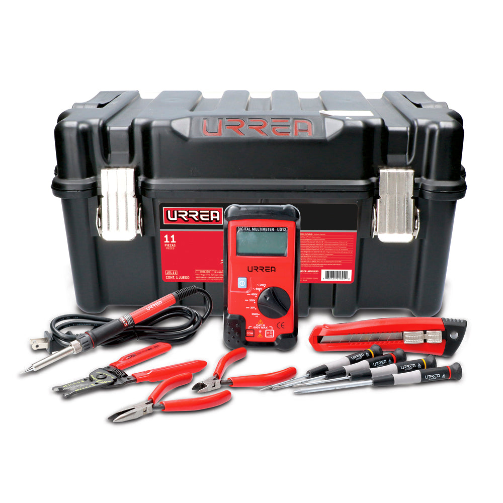 Caja portaherramientas plástica 17" - 1 pz. Destornillador ESD plana 3/64x2-3/8" - 1 pz. Destornillador ESD plana 5/64x2-3/8" - 1 pz. Destornillador ESD Phillips #0x2-3/8" - 1 pz.  Destornillador ESD Phillips #1x3-5/32" - 1 pz. Pinza corte diagonal 4-3/16 con resorte - 1 pz. Pinza punta larga sin corte con resorte - 1 pz. Cautín tipo lápiz 50W - 1 pz. Multímetro compacto 600 VCD/600 VCA - 1 pz. Cúter 8pts 18mm - 1 pz. Pinza pelacables 10-22AWG 6-3/4 - 1 pz.