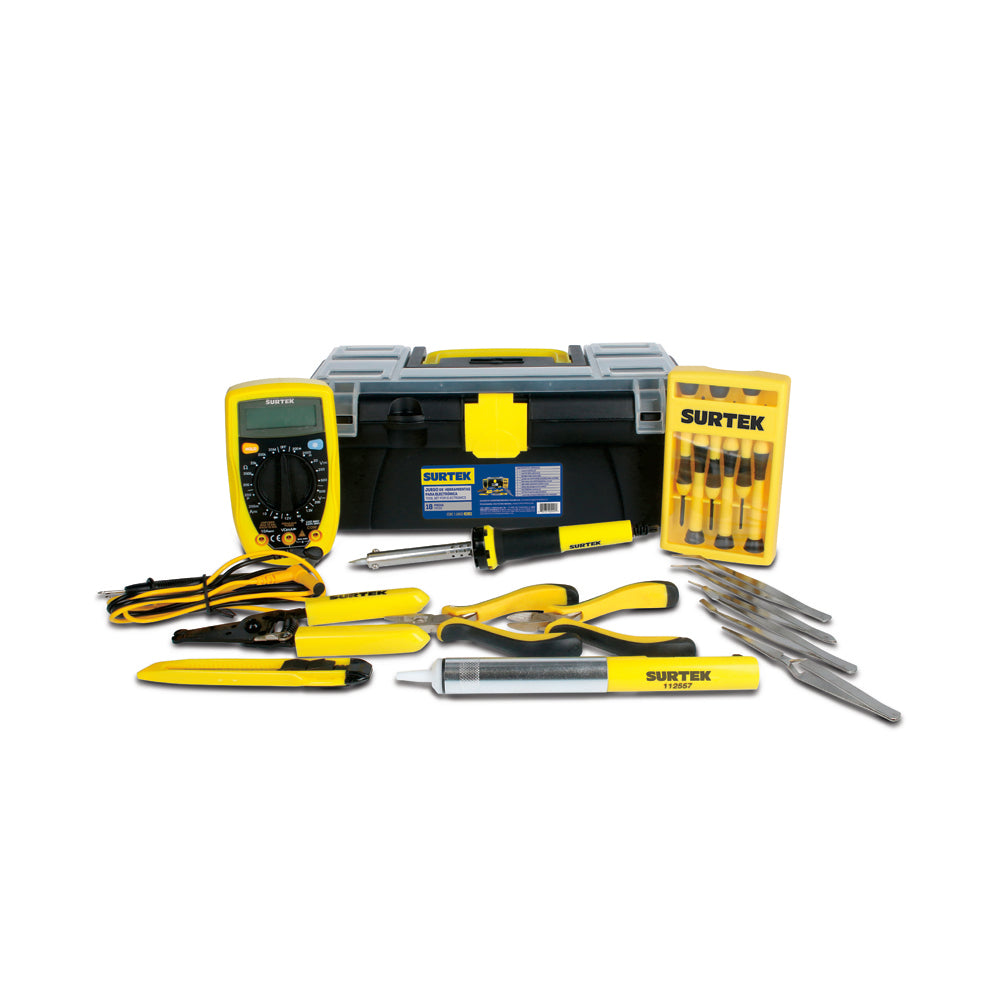 Caja plas broche plas 12" - 1PZ. Cautin tipo lapiz 45W - 1PZ. Bomba p/desoldar - 1PZ. Jgo 6 dest p/joyero - 1PZ. Mini pinza cte diag 4-5/16" - 1PZ. Mini pinza cte lat 4-3/4" - 1PZ. Pinza pelacable 10-26AWG 6" - 1PZ.  Multímetro digital 600V - 1PZ. Cutter 13pts 9mm plastico - 1PZ. Jgo 4 pinzas presicion tweezer - 1PZ.