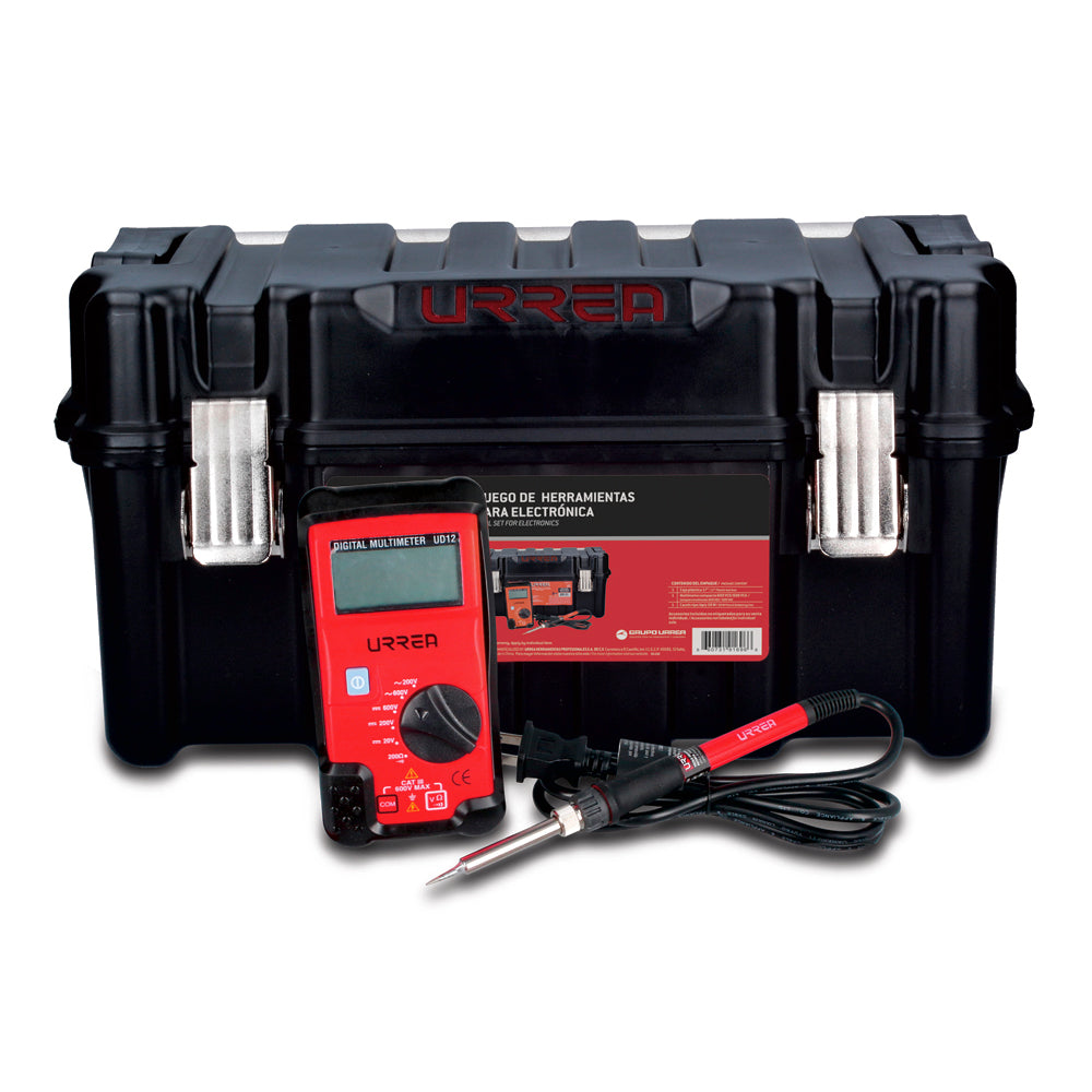 Caja portaherramientas plástica 17". Cautín tipo lápiz 50W. Multímetro compacto 600 VCD/600 VCA.