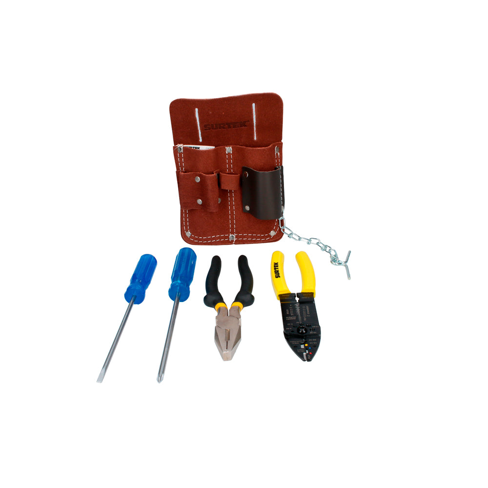 PHC6S Porta herramientas cuero 1pz. D351 Destornillador azul phill #2x6 1pz. D334 Destornillador azul cabinet 3/16x6 1pz. 968 Pinza corte lateral 8" 1pz. PLC9 Pinza pelacable 10-24AWG 9" 1pz.