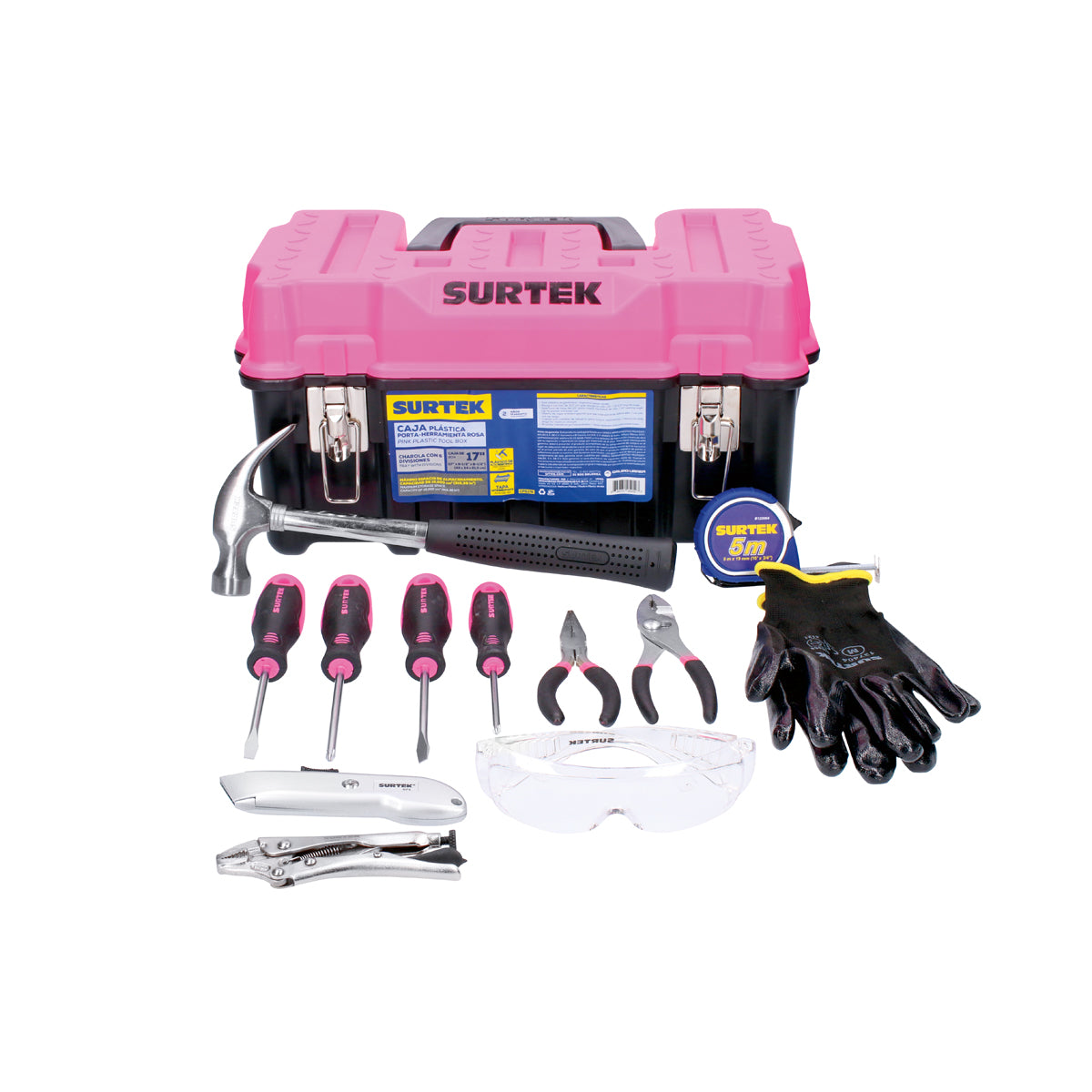 Surtek Juego de herramientas basicas con caja plástica rosa 13 piezas