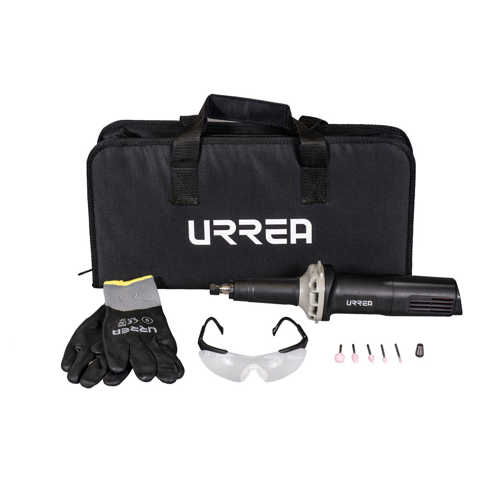 Rectificador recto 1/4" 400W - 1pz. Jgo 5 puntas montadas tipo B - 1pz. Lentes seg Sport transp - 1pz. Guante nailon-poliu G - 1pz. Estuche Multiusos URR G - 1pz.
