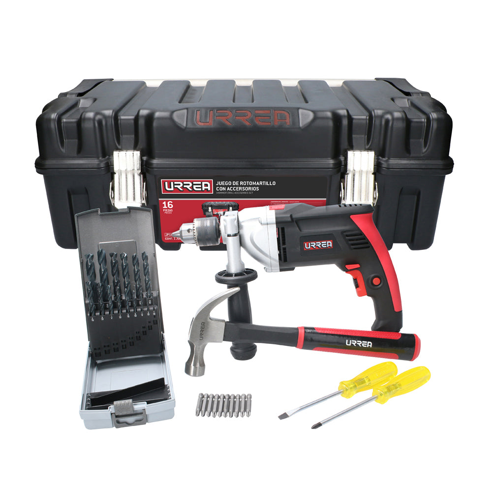 Rotomartillo 1/2" 850W - 1pz. Jgo 15 brocas u/gral1 1/16-1/2 - 1pz. Dest ámbar phil#2 1/4x4-1/4 - 1pz. Dest ámbar plana redon 1/4x4 - 1pz. Punta poder ph#2x1-15/16" - 10pz. Martillo uña curva16oz antivib - 1pz. Caja plástica 21x11x10" - 1pz.