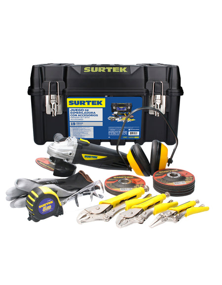 EA404D - Esmeriladora ang 4-1/2" 550W - 1pz. 123325 - Disco t/27 metal 4-1/2x1/8" - 5pz. 123320 - Disco t/27 metal 4-1/2x1/4" - 5pz. 137402 - Guante nailon-poliu G - 1pz. GOS01 - Lentes seg panoramic transp - 1pz. 137345 - Orejera ajustable - 1pz. B122064 - Flexómetro anti-impacto 5m - 1pz. 115085 - Jgo 3 pinzas presión bimat - 1pz. CPS20 - Caja plástica 21x11x10" - 1pz.