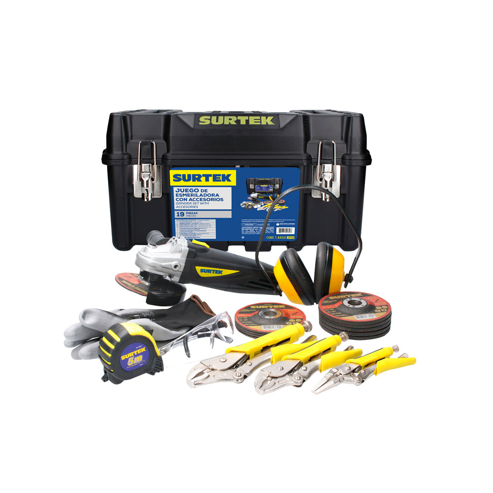 EA404D - Esmeriladora ang 4-1/2" 550W - 1pz. 123325 - Disco t/27 metal 4-1/2x1/8" - 5pz. 123320 - Disco t/27 metal 4-1/2x1/4" - 5pz. 137402 - Guante nailon-poliu G - 1pz. GOS01 - Lentes seg panoramic transp - 1pz. 137345 - Orejera ajustable - 1pz. B122064 - Flexómetro anti-impacto 5m - 1pz. 115085 - Jgo 3 pinzas presión bimat - 1pz. CPS20 - Caja plástica 21x11x10" - 1pz.