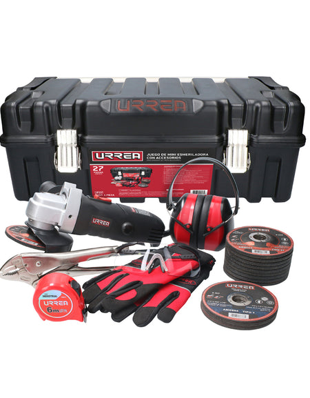 Caja plástica 21x11x10" - 1pz. Mini esmeriladora 4-1/2" 900W - 1pz. Disco t/27 metal4-1/2x1/4"gral - 10pz. Disco t/1 inox 4-1/2x3/64"gral - 10pz. Guante mecánico uso gral G - 1pz. Lentes seg Sport transp - 1pz. Orejera ajustable 30 dB	- 1pz. Pinza presión cva 10" cte - 1pz. Flexómetro indust 6mx25mm - 1pz.