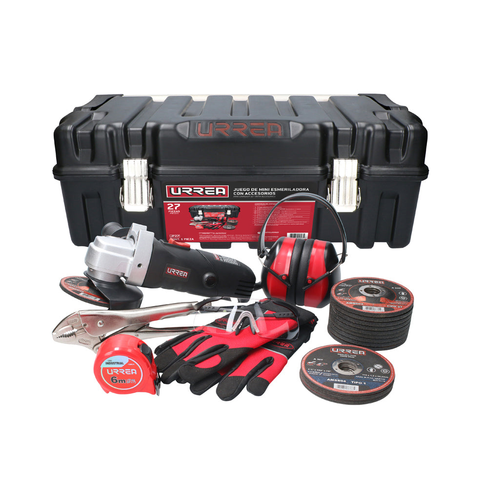 Caja plástica 21x11x10" - 1pz. Mini esmeriladora 4-1/2" 900W - 1pz. Disco t/27 metal4-1/2x1/4"gral - 10pz. Disco t/1 inox 4-1/2x3/64"gral - 10pz. Guante mecánico uso gral G - 1pz. Lentes seg Sport transp - 1pz. Orejera ajustable 30 dB	- 1pz. Pinza presión cva 10" cte - 1pz. Flexómetro indust 6mx25mm - 1pz.