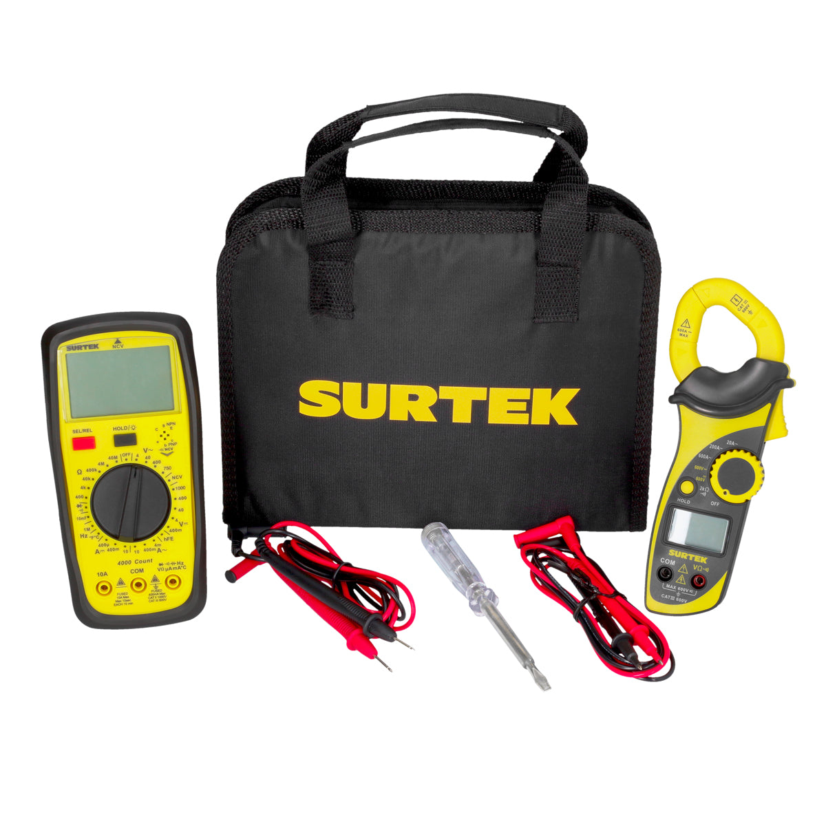 MUL03 Multímetro profesional 1000V 1pz. MUL05 Multímetro digital gancho 600V 1pz. DCA14 Probador voltaje CA 14cm 1pz. EMSC Estuche Multiusos STK CH 1pz.