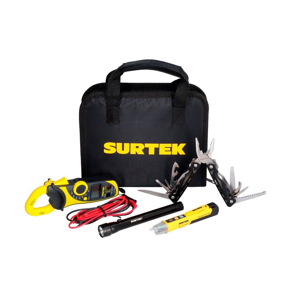 MUL05 Multímetro digital gancho 600V 1pz. 120527 Multiherramienta 13 en 1 de aluminio 1pz. 136001 Linterna de aluminio 2AA 1pz. PVS01 Probador de voltaje sin contacto 90-1000V 1pz. EMSC Estuche Multiusos STK CH 1pz.