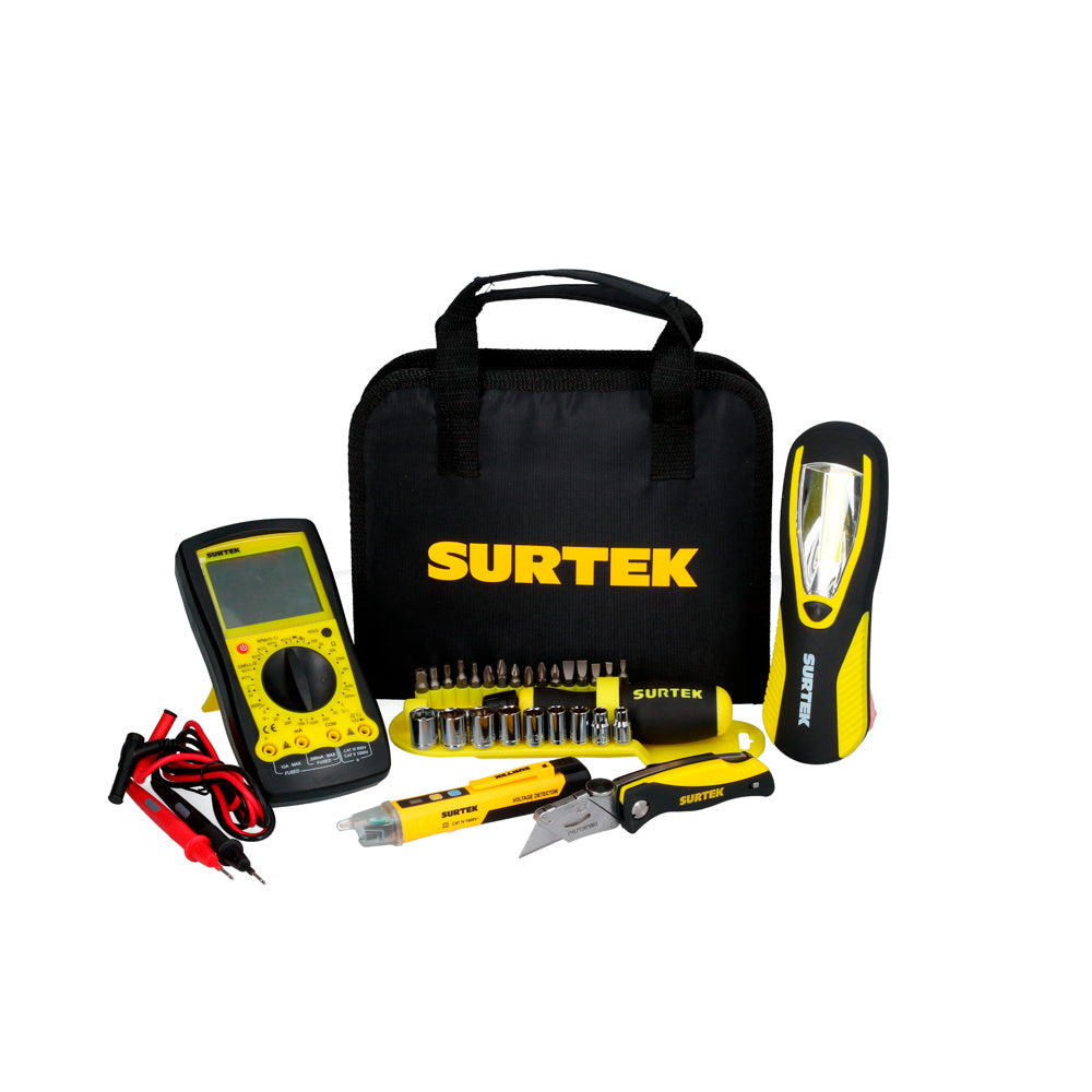 MUL04 Multímetro automotriz 1000V 1pz. JDP26 Juego 26 puntas intercambiables c/acc 1pz. NF10 Navaja utilitaria abatible bimaterial 1pz. Lampara taller batería 200 lm 1pz. PVS01 Probador de voltaje sin contacto 90-1000V 1pz. EMSC Estuche Multiusos STK CH 1pz.