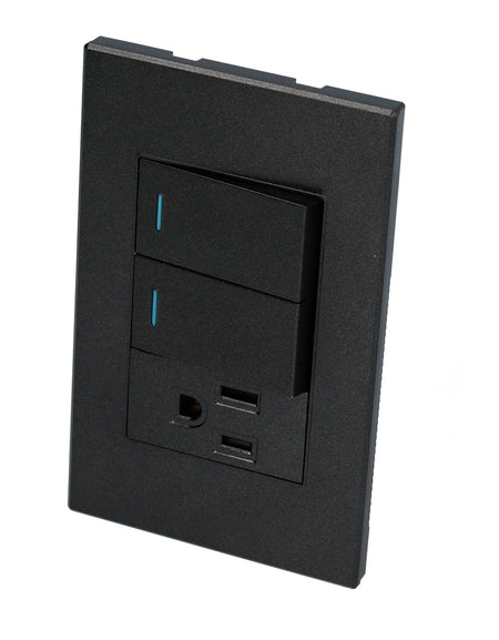Placa con 2 apagadores 1 contacto negro 1/3 Surtek.