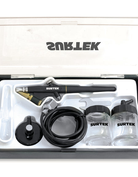 Juego de aerógrafo con accesorios de 7 piezas. Presión de trabajo 30 psi y regulador de impulso Surtek