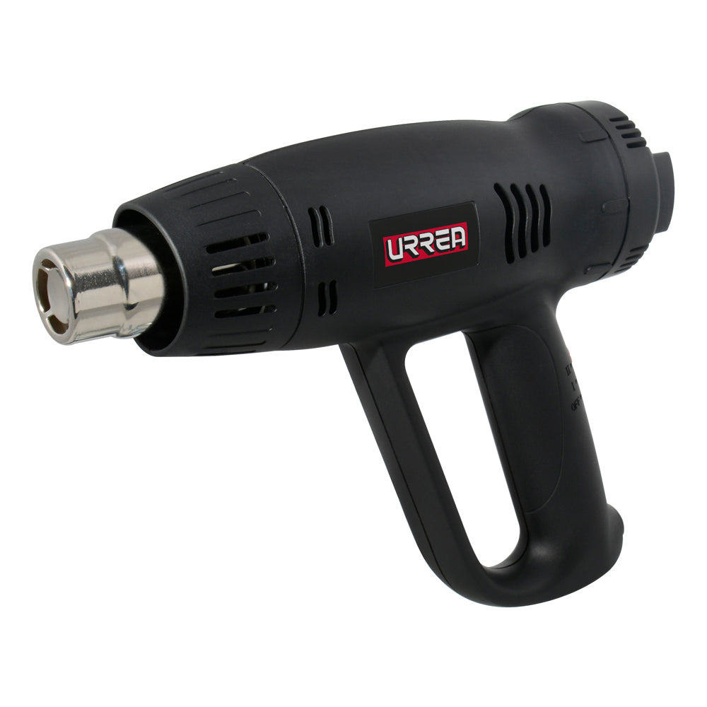 Pistola de calor de 127 V, frecuencia 60 Hz, con potencia de 1800 W, alcanza una temperatura de 600 °C y una mínima de 60 °C, tiene un flujo de aire de 300-500 L/min.  Urrea