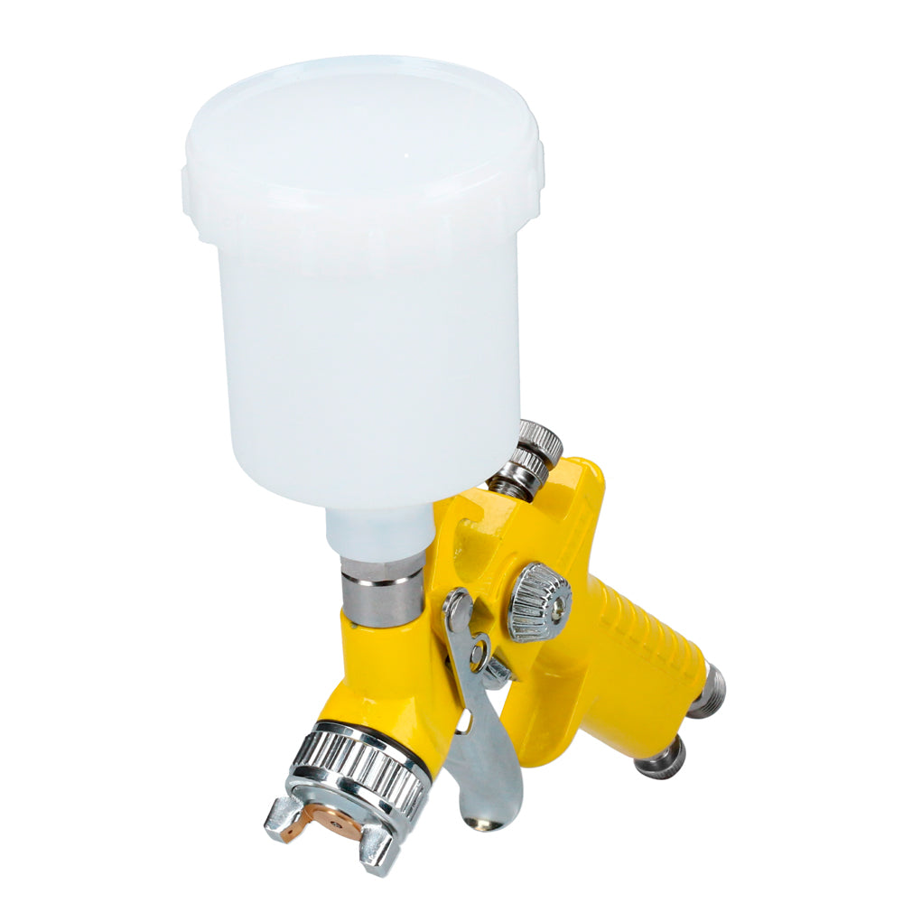 Mini pistola de gravedad con presión de trabajo de 50 psi, capacidad de vaso de 125 ml, entrada de aire de 1/4" NPT. Consumo de aire de 2.8 scfm, diámetro interno de manguera de 3/8". Mezcla externa Surtek