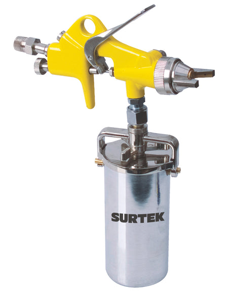 Pistola para terminados con presión de trabajo de 70 psi, capacidad de vaso de 250 ml. Consumo de aire de 4 sfcm, diámetro interno de manguera de 3/8", entrada de aire de 1/4" NPT Surtek